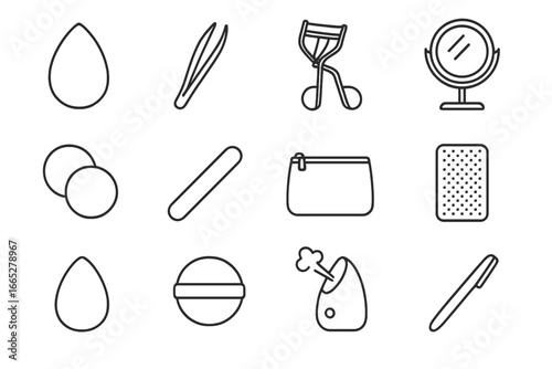 Beauty Tool Icons. Line style icons of beauty tools: makeup sponge, tweezers icon, eyelash curler, vanity mirror, cotton pads,