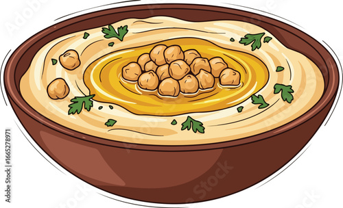A bowl of creamy hummus, topped with chickpeas and herbs.