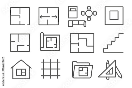 Blueprint Icon Collection. Line style icons of floor plans and blueprints: 2D floor plan, room measurement, furniture layout,