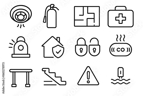 Housing Safety Icons. Line style icons of housing safety: smoke detector, fire extinguisher, emergency exit map, first aid kit,