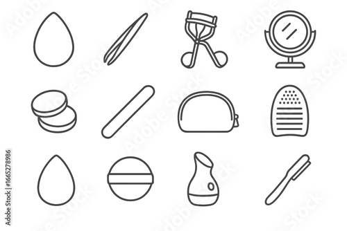 Beauty Tool Icons. Line style icons of beauty tools: makeup sponge, tweezers icon, eyelash curler, vanity mirror, cotton pads,