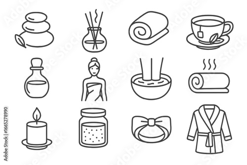 Spa Relaxation Icons. Line style icons of spa and relaxation: spa stones, aroma diffuser, facial towel, herbal tea cup, massage
