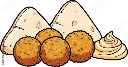 Cartoon falafel balls served with pita bread and hummus.