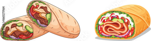 Two delicious wraps, one sliced open to show the fillings of meat, vegetables, and sauce, the other whole.