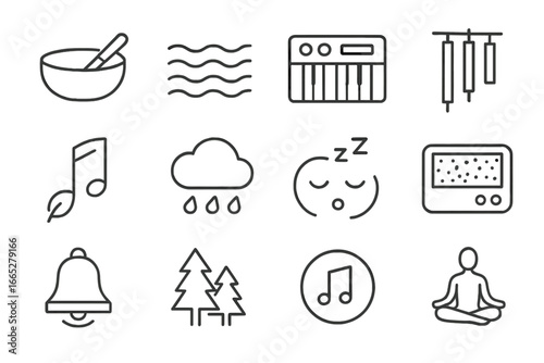 Meditation Music Icons. Line style icons of ambient and meditation music: Tibetan bowl, ambient waves, soft synth pad, healing