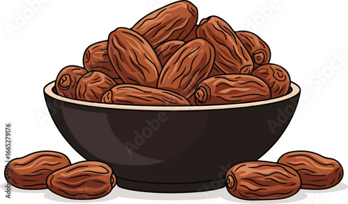 Illustration of a bowl overflowing with fresh, ripe dates, a healthy snack.