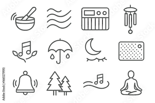 Meditation Music Icons. Line style icons of ambient and meditation music: Tibetan bowl, ambient waves, soft synth pad, healing