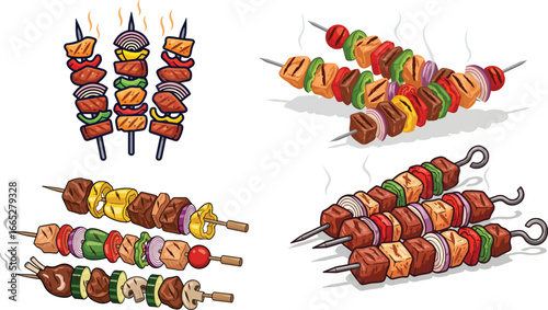 Four illustrative depictions of various grilled kebabs, showcasing diverse ingredients and cooking styles.