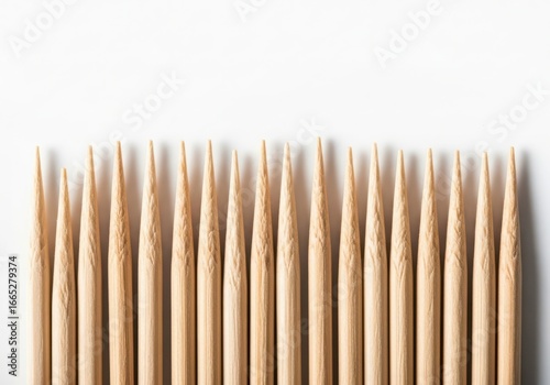 Many wooden toothpicks in a row isolated on white background