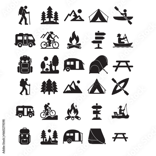 Outdoor recreation and camping activity icons vector