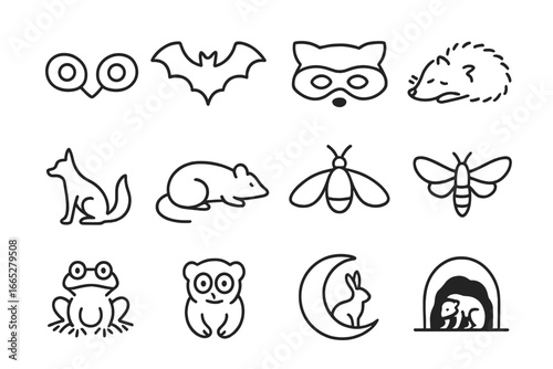 Nocturnal Animal Icons. Line style icons of nocturnal animals: owl eyes, bat flying, raccoon mask, hedgehog sleeping, night fox,