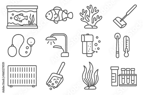 Aquarium Icons Collection. Line style icons of aquarium life: fish tank setup, clownfish icon, coral decor, algae scraper, bubble