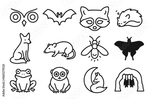 Nocturnal Animal Icons. Line style icons of nocturnal animals: owl eyes, bat flying, raccoon mask, hedgehog sleeping, night fox,