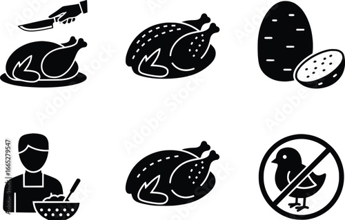 Collection of roasted chicken icons and potato symbols for culinary and food service designs