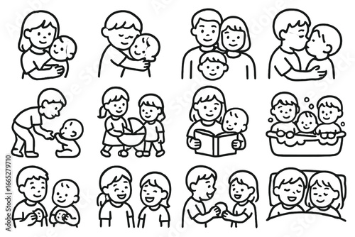 Sibling Moments Icons. Line style icons of baby and sibling: baby and sister, toddler hugging baby, family with two kids, sibling