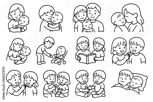 Sibling Moments Icons. Line style icons of baby and sibling: baby and sister, toddler hugging baby, family with two kids, sibling