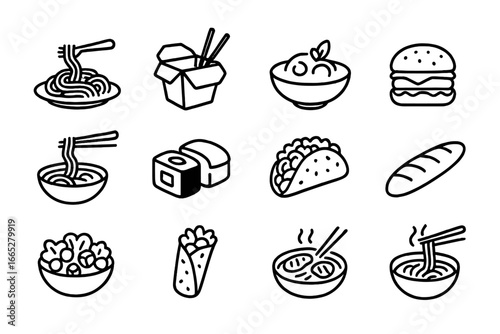 Cuisine Line Art Icons. Line style icons of cuisines for delivery: Italian pasta, Chinese box, Indian curry, American burger, Thai