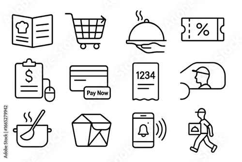 Order Process Icons. Line style icons of order process: browse menu icon, add to cart, customize meal, apply coupon, checkout icon