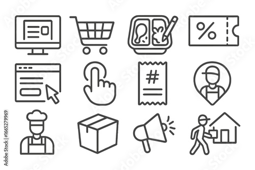 Order Process Icons. Line style icons of order process: browse menu icon, add to cart, customize meal, apply coupon, checkout icon