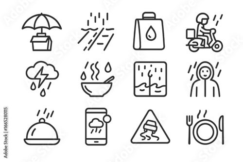 Rainy Day Delivery Icons. Line style icons of rainy day delivery: umbrella over food box, wet street icon, waterproof bag, rainy