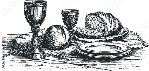 Vintage drawing of a still life featuring bread, goblets, and plates