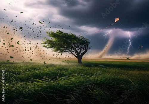 A tree in a field during a storm with a kite flying