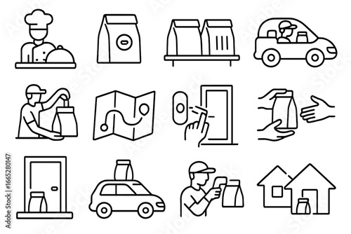 Food Delivery Process. Line style icons of kitchen-to-door logistics: kitchen station, packed order ready, dispatch queue, driver