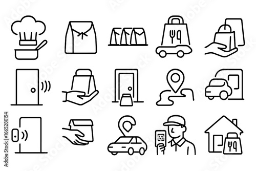 Food Delivery Process. Line style icons of kitchen-to-door logistics: kitchen station, packed order ready, dispatch queue, driver