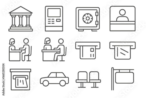 Banking Icons Collection. Line style icons of banking infrastructure: bank building, ATM machine, safe deposit box, teller window,