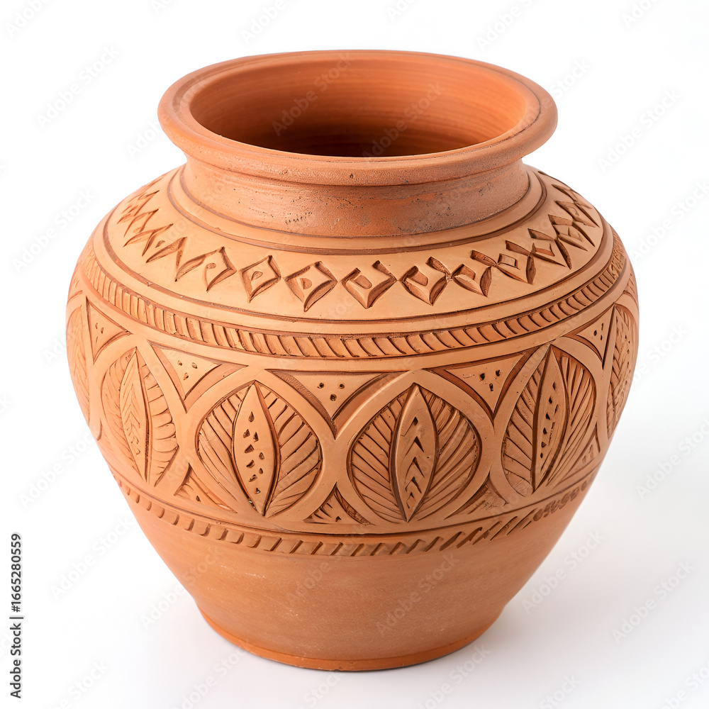 Decorative clay pot handmade festive item isolated on pure white background Decorative clay pot handmade festive item isolated on pure white background