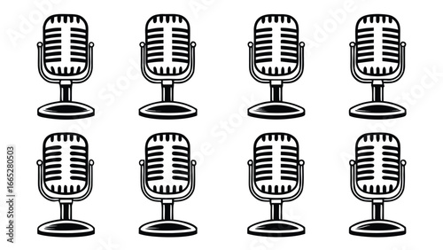Vintage microphones arranged in rows retro audio