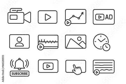 Video Marketing Icons. Line style icons of video marketing: video camera icon, play button, video views graph, YouTube ad icon,