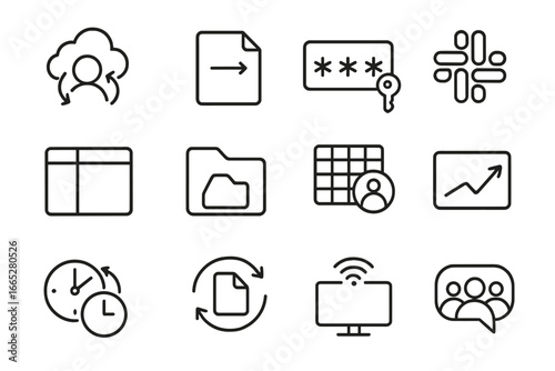 Digital Workspace Icons. Line style icons of digital workspace tools: cloud collaboration icon, document share icon, password