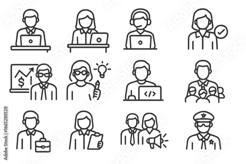 Office Role Icons. Line style icons of office people roles: manager at desk, receptionist icon, IT support icon, HR person,