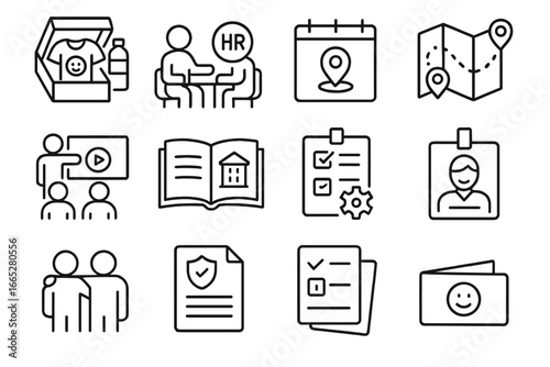 Employee Onboarding Icons. Line style icons of employee onboarding: welcome kit, HR intro meeting, orientation calendar, office