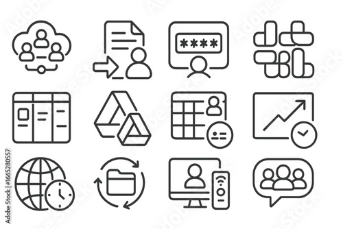 Digital Workspace Icons. Line style icons of digital workspace tools: cloud collaboration icon, document share icon, password
