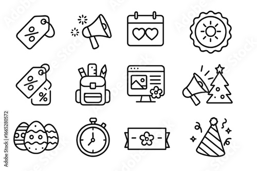 Seasonal Marketing Icons. Line style icons of seasonal marketing: Black Friday tag, holiday promo icon, Valentine’s Day campaign,