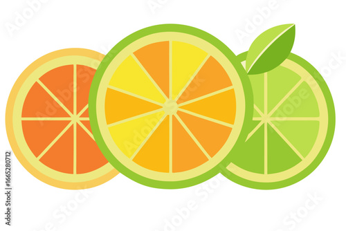 Vector illustration of fresh, juicy citrus fruits, including oranges and lemons, with slices on a white background