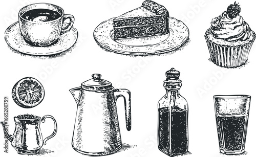 Collection of Hand-Drawn Coffee, Cake, Cupcake, Lemon, and Drinks