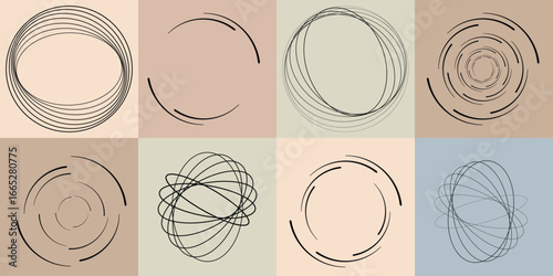 Lines and spirals in Circle Form .Rotate rounded shape Vector .Rotating dots form a circle .Rotating and linear design element . Various lines forming round shape . Abstract Geometric line art 