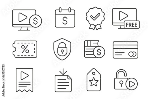 Course Payment Icons. Line style icons of course payment and access: course fee icon, subscription plan, trial access badge, free