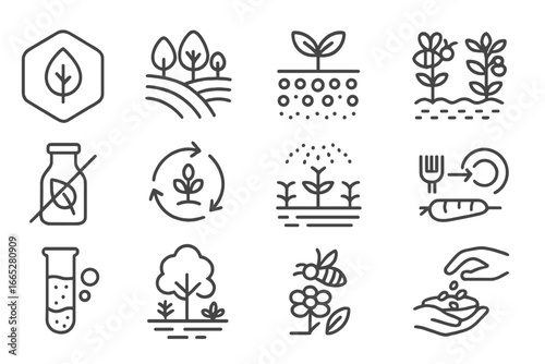 Sustainable Agriculture Icons. Line style icons of sustainable agriculture: organic label, permaculture icon, no till soil,