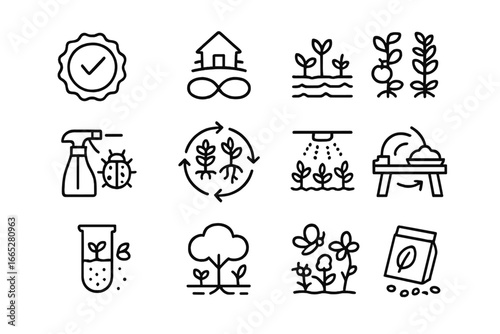Sustainable Agriculture Icons. Line style icons of sustainable agriculture: organic label, permaculture icon, no till soil,