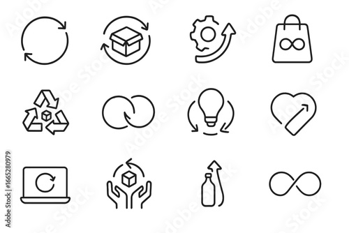 Circular Economy Icons. Line style icons of circular economy: closed loop cycle, reuse icon, remanufacture symbol, product as