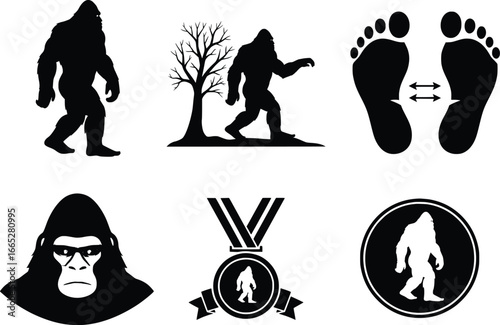 Sasquatch bigfoot silhouette collection mystical creature legend mythological forest dweller graphic element set