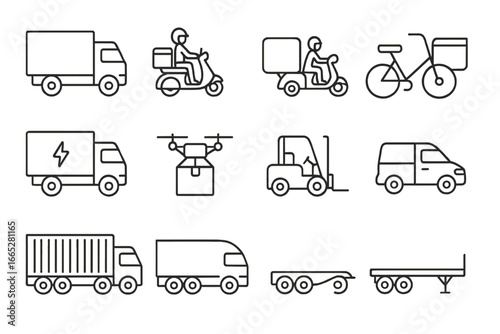 Delivery Vehicle Icons. Line style icons of delivery vehicles: cargo truck, delivery van, scooter courier, cargo bike, electric
