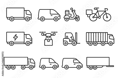 Delivery Vehicle Icons. Line style icons of delivery vehicles: cargo truck, delivery van, scooter courier, cargo bike, electric