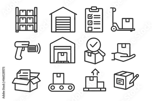 Warehouse Icons Collection. Line style icons of warehouse operations: inventory shelves, warehouse icon, picking list, pallet jack
