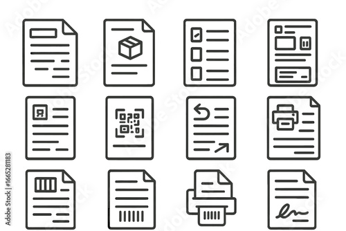 Shipping Document Icons. Line style icons of shipping documents: invoice icon, packing slip, customs form, shipping label, order