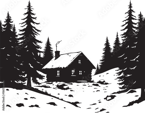 A captivating illustration showcasing a cozy log cabin nestled amidst a snowy forest.